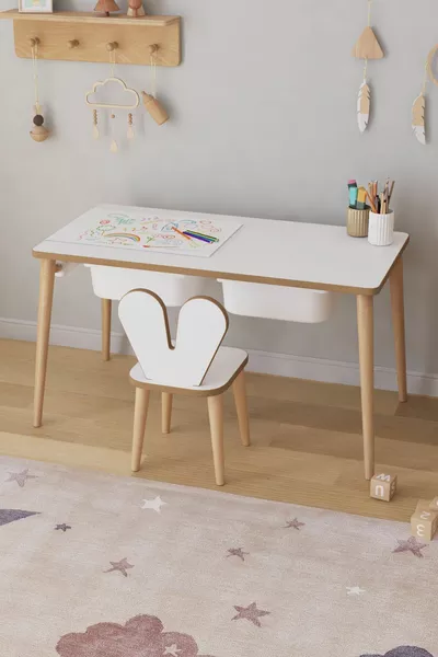 Kinderactiviteitstafel met rol tekenpapier, konijntjes tafel- en stoeltjesset