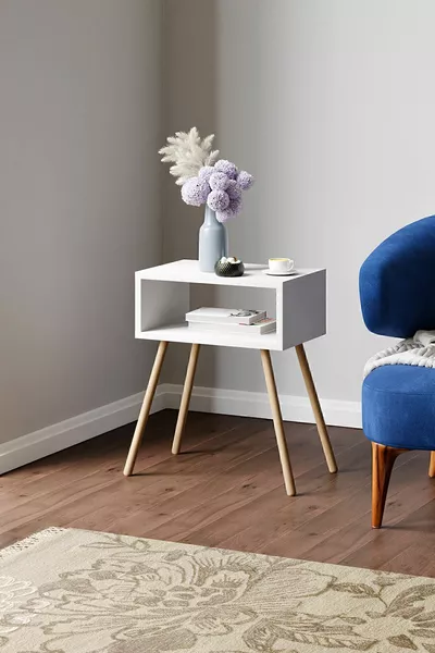Wooden Leg Nightstand with Shelves - White