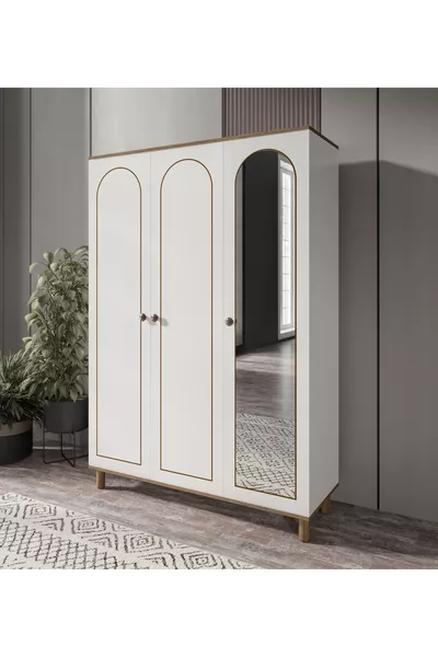 Armoire bohème avec miroir, 3 portes et 2 tiroirs, armoire à vêtements blanche - MDF de première qualité