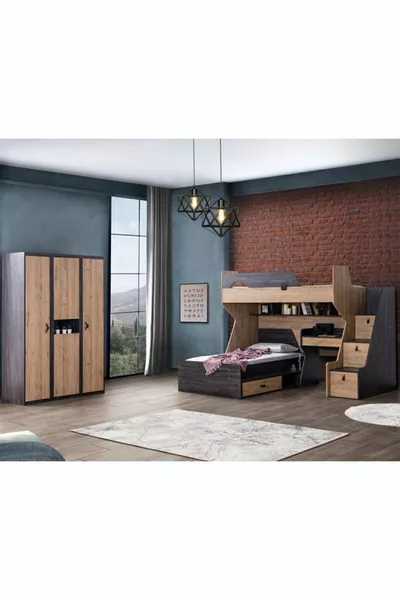 Etagenbett, Doğa Etagenbett, Bettgestell, Schreibtisch, 3-türiger Schrank, 2 Comfort-Matratzen