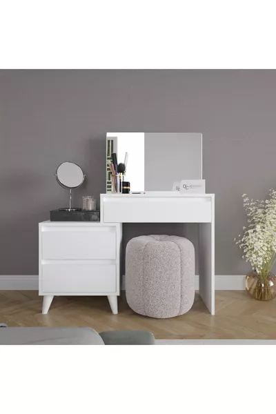 Tavolo da trucco Viola con 3 cassetti e specchio, bianco