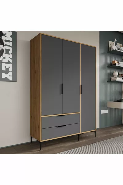 Armoire Aden 3 portes avec tiroirs, couleur anthracite complet, armoire à vêtements, armoire avec étagères