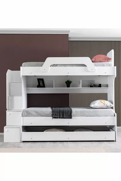 Кровать-чердак, двухъярусная с матрасом Inci Yavrulu - Белая, 2 шт. Comfort