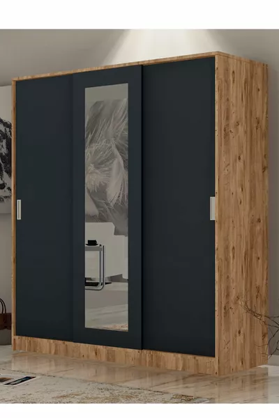 Armoire en anthracite gris GM  Sline 3 portes coulissantes avec tringles et étagères en pin Atlantique