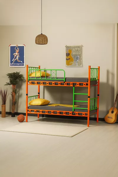 Carme Young Children's Room Metal Bunk Bed and Bed Orange Green