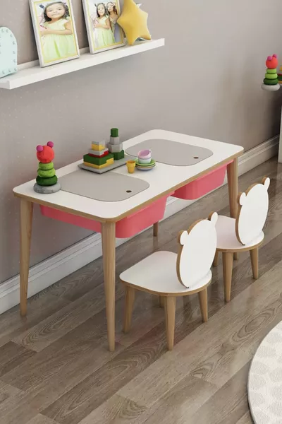 Bureau pour enfant, table de jeu et d'activités, table double avec chaises, usage été et hiver