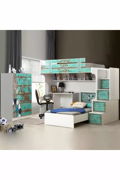 Bunk Bed, Summer Bunk Bed, Bed Frame, Desk, Wardrobe, 2 Comfort Mattresses