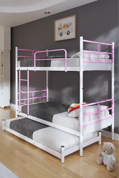 Lit superposé Koza avec tiroir pour 3 personnes, compatible avec matelas, métal rose clair