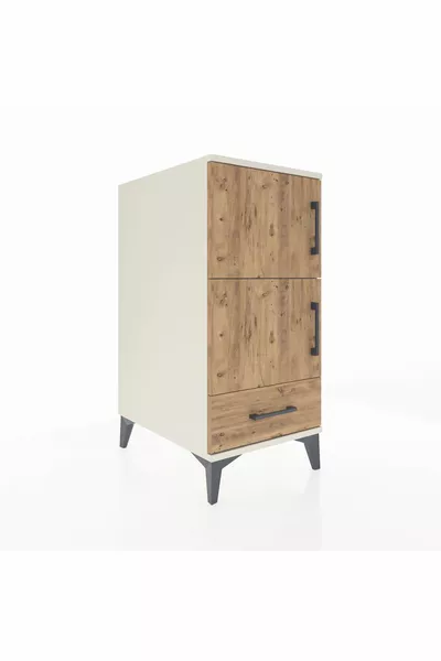 Chevet Kronos avec 4 étagères, 1 tiroir et 1 porte, coloris Pierre de Lune-Sapin