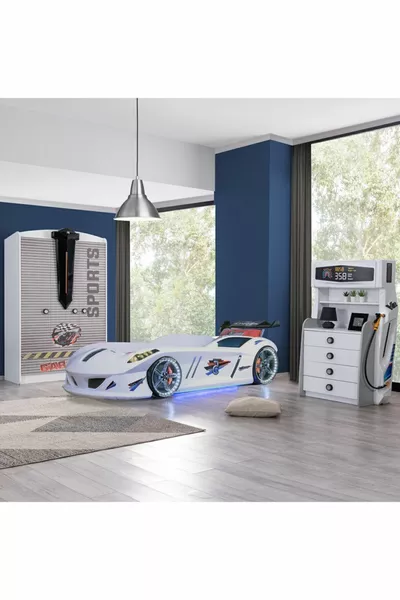 Children's Room - Jaguar Bed with Canopy, Sports 3-Door Wardrobe, Dresser - White