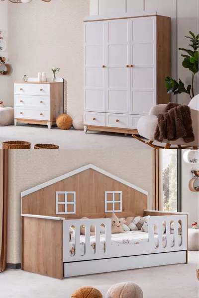 Bello Children's Room Set, Bello Bunk Bed, Berlin 3-Door Wardrobe, Dresser - Walnut