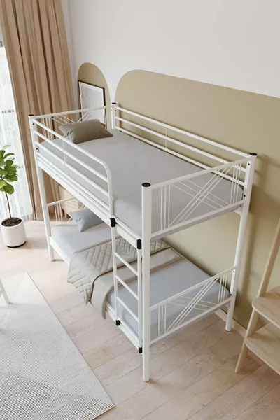 Mix Premium Metal Bunk Bed Compatible with Mattress White Detachable Bunk Bed Frame