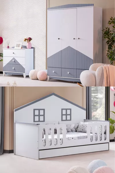 Bello Kids' Room Set, Bello Bunk Bed, Fethiye 3-Door Wardrobe, Dresser - Gray