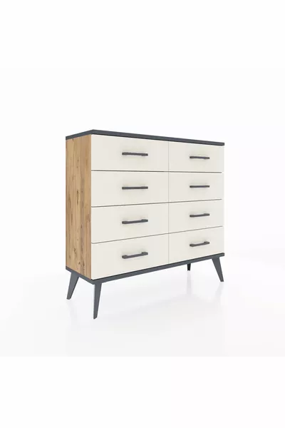 Commode Arges 8 tiroirs Pin-Anthracite/Gris pierre