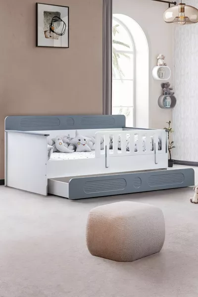 Flora Children's Room Set, Flora Junior Bed, Vira 4-Door Wardrobe, Dresser, Bookshelf - Gray