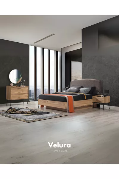 Ensemble de chambre à coucher İzgi (6 armoires en bois avec portes + commode + table de chevet + lit)