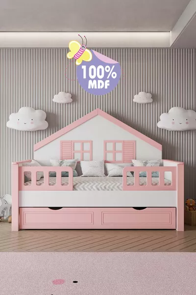 % Lit Montessori pour enfants en MDF avec tiroirs, rose
