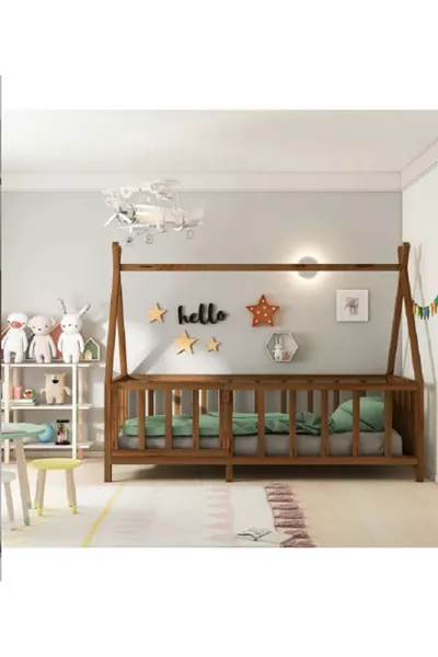 JOY MONTESSORI CHILDREN'S BED WITH WALNUT DOOR AND ROOF