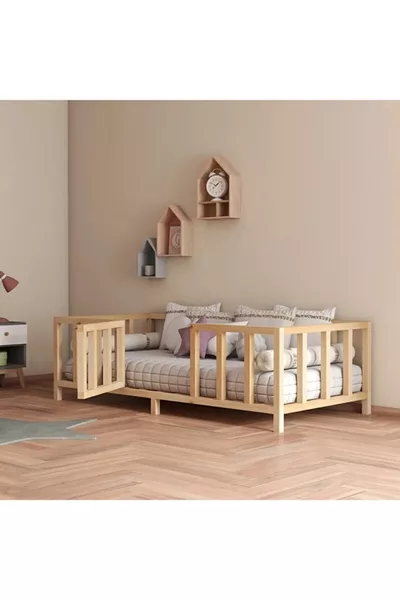 Kapılı Unisex Montessori Bebek Ve Çocuk Karyolası Doğal Ahşap Yatak