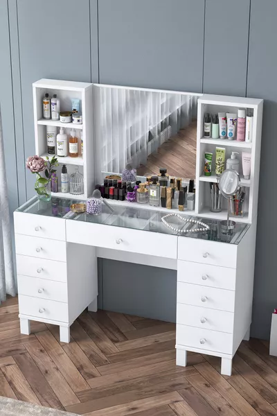 Rani Makeup Table with Drawer, Shelves, Mirror Jewelry Organizer White
