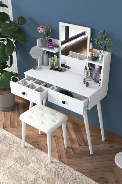 Rani Mirror Dressing Table Makeup Vanity 2-Drawer Shelf Jewelry Organizer Ottoman Set White