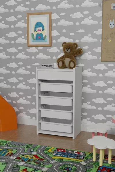 Бял шкаф за играчки с 4 кошници, многофункционален кухненски шкаф за зеленчуци - бял