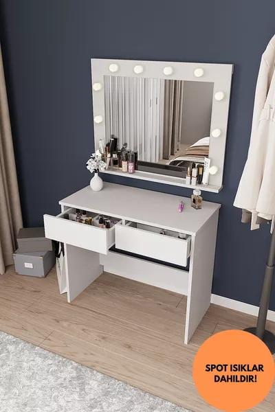 Specchio da Trucco in Stile Hollywood con Luci LED, Tavolo Cosmetico con Cassetti Organizzatori e Scomparti