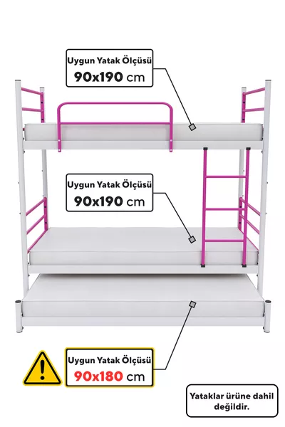 Letto a castello Trend con cuccetta compatibile per 3 persone, colore rosa scuro, in metallo
