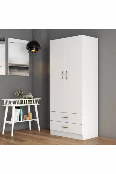 2-türiger, zweischubladiger, großer Kleiderschrank Weiß - 