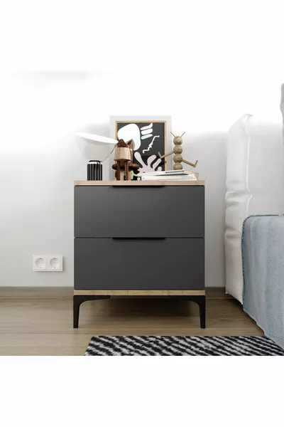 Comodino Aden a 2 Cassetti Antracite, Comodino Economico, Comodino Modulare
