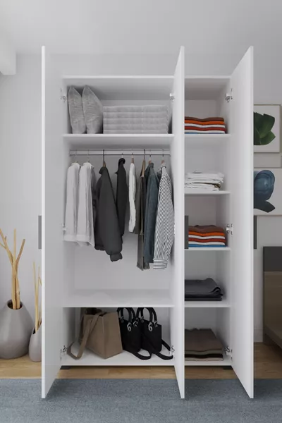 Armoire Niro 3 portes, avec tringle et étagères,  cm, blanc
