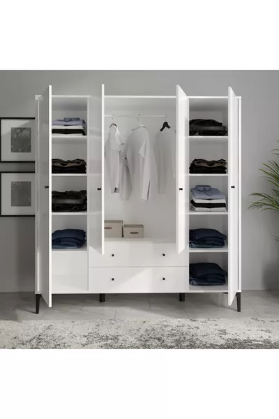 Armoire Focus 4 Portes Blanche (% MDF) - 4 Portes, 2 Tiroirs, Armoire sur Pieds