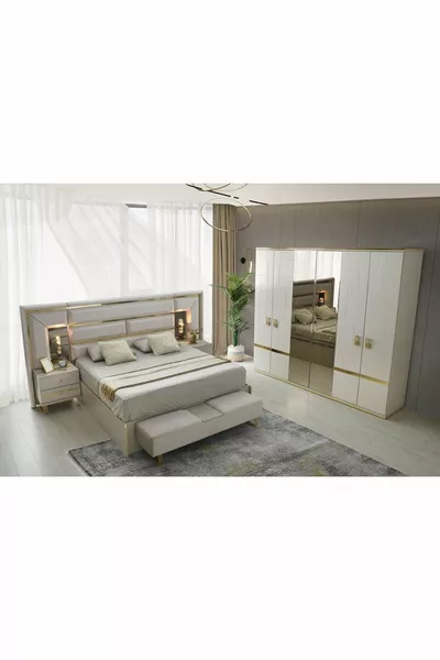 BELİZE YATAK ODASI-MDF-KUM BEJİ-6 KAPAKLI VE AYNALI-BAZASIZ TRAVERSLİ-ÜCRETSİZ NAKLİYE VE MONTAJ