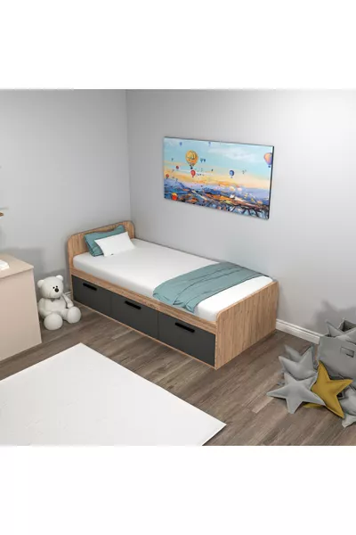 Akser Atlantic Pine Anthracite Bed Frame – Compatible with Single Bed, Wardrobe-Integrated Youth Bed