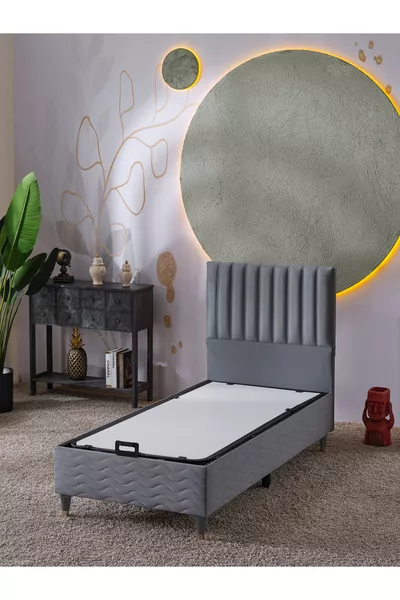 Ezgi Einzelbett-Set (Bettgestell + Kopfteil + Matratze) 3-teilig (Grau)