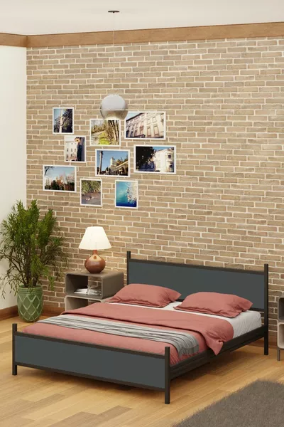 Gm Modern Double Bed Wooden Metal Black Anthracite Gray Bed Frame