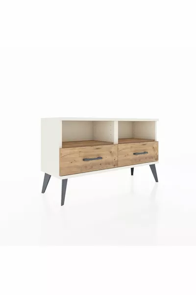 Commode Arges avec 2 étagères et 2 tiroirs, couleur Pierre de Lune-Pin