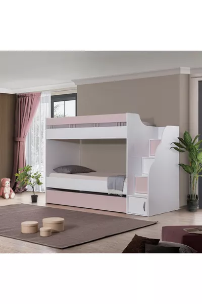 BUNK BED, WHITE-PINK BUNK BED WITH A BEDDING SET