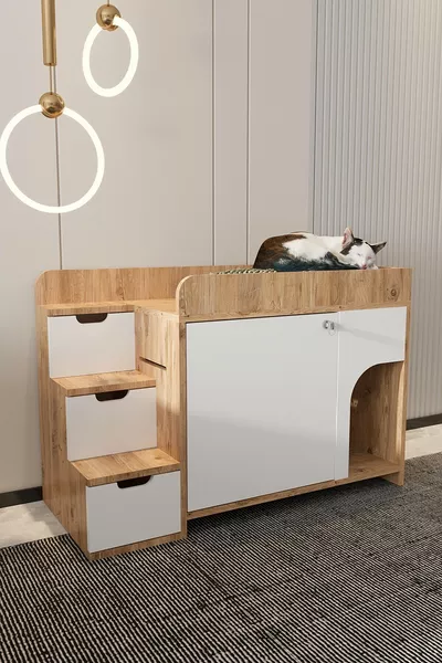 Litière et lit pour chat en bois MAYA, modèle en mezzanine - couvercle verrouillable - Pas de bac à litière - Pas de lit - Bois de pin A. - Blanc