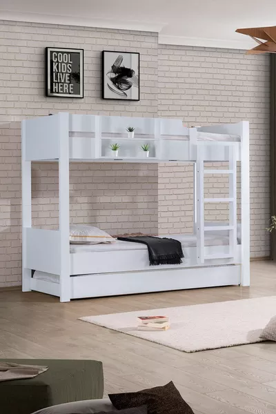 Ranza, Letto a castello separabile Asiatico con due armadietti, bianco con 2 materassi Comfort