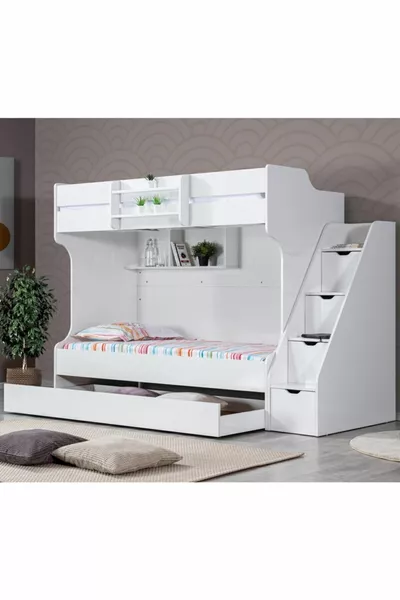 Ranza, Letto a Castello con Scomparto per il Bambino - Bianco + 3 Materassi Comfort