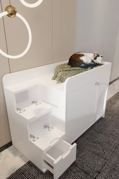 Litière et lit en bois pour chat MAYA modèle lit superposé - couvercle verrouillable - sans bac à litière - sans lit - BLANC