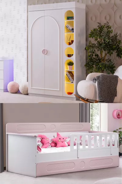 Flora Children's Room Set, Flora Bunk Bed, Dolunay 2-Door Wardrobe + Bookshelf - Pink
