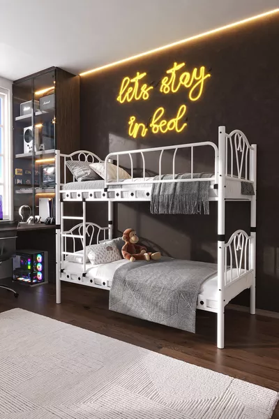 Orchid Youth Bedroom Metal Bunk Bed and Bed White