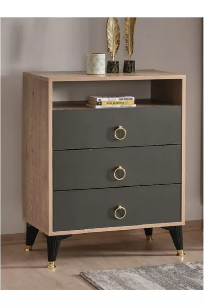 Home Three-Drawer Single-Compartment Dresser Bedroom & Youth Room Dresser Anthracite-Oak