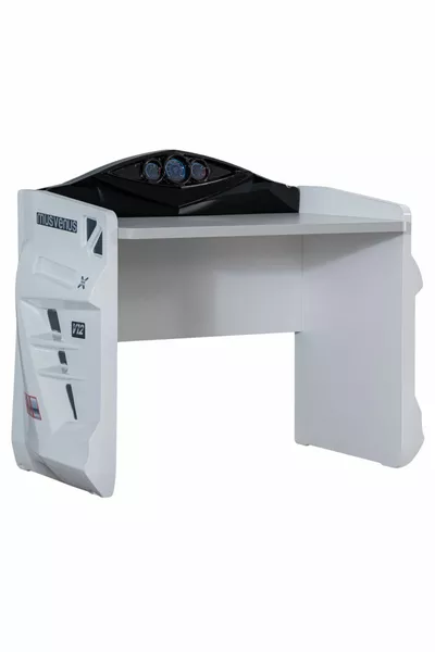 Chambre d'enfant - Lit avec voiture Jaguar et pare-vent, Armoire sportive 3 portes, Bureau - Blanc