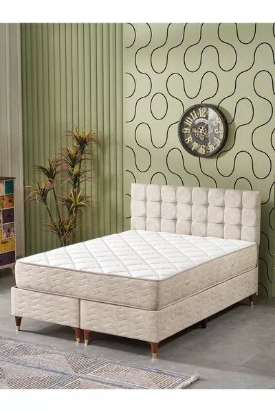 Bengü Double Bed (Base, Headboard, Mattress) 3-Piece Set (Jery Cream)