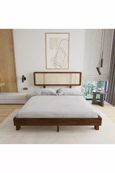 Hazeran Lilyum Model Walnut Color Solid Pine Wood Bed Frame