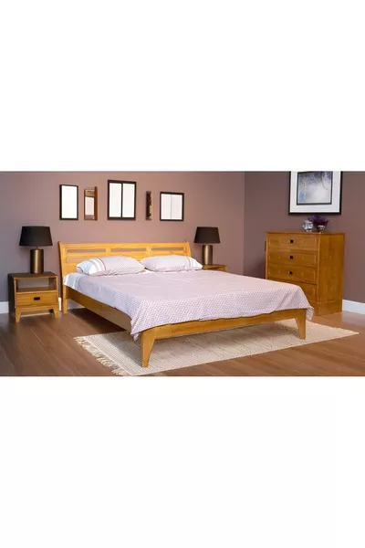 Girne Wooden Bed Frame, Dresser, Nightstand, Walnut