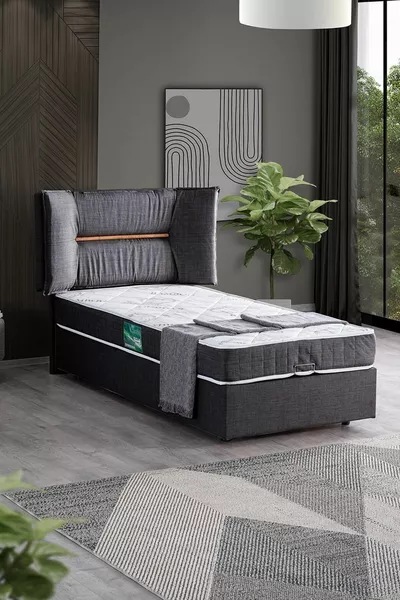 Lisbon Double Set, Single Bed Base and Headboard Set, Anthracite